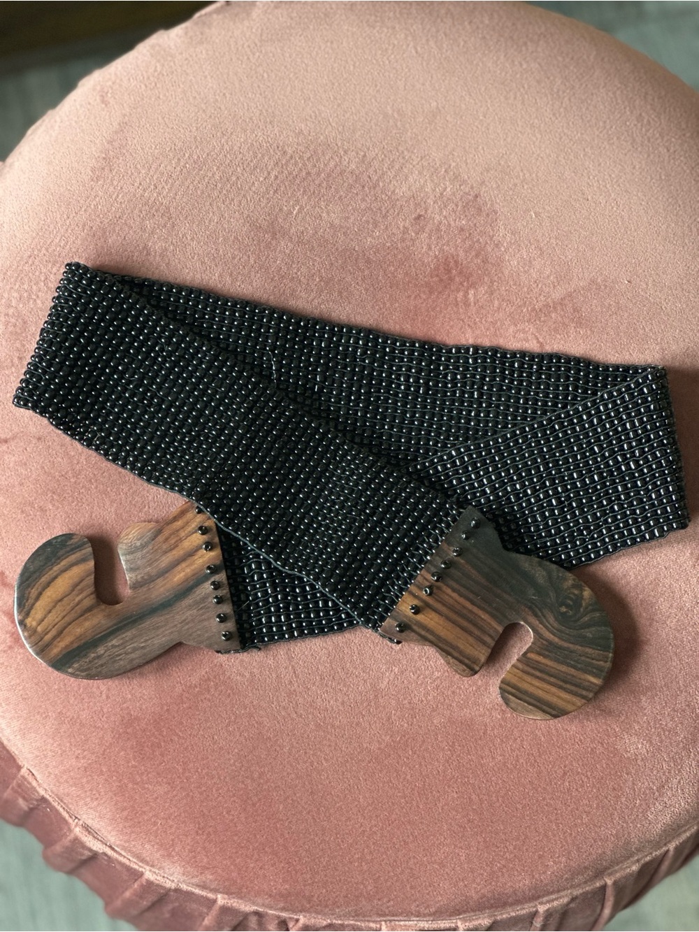 Black Stretch Beaded Waist Belt with Brown Wooden Closure